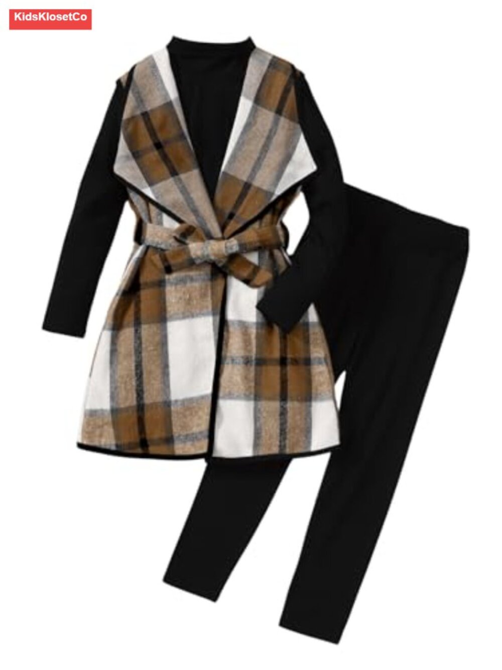 Girls 3 Piece Outfit Plaid Flannel Waterfall Vest Long Sleeve Tee Leggings Set